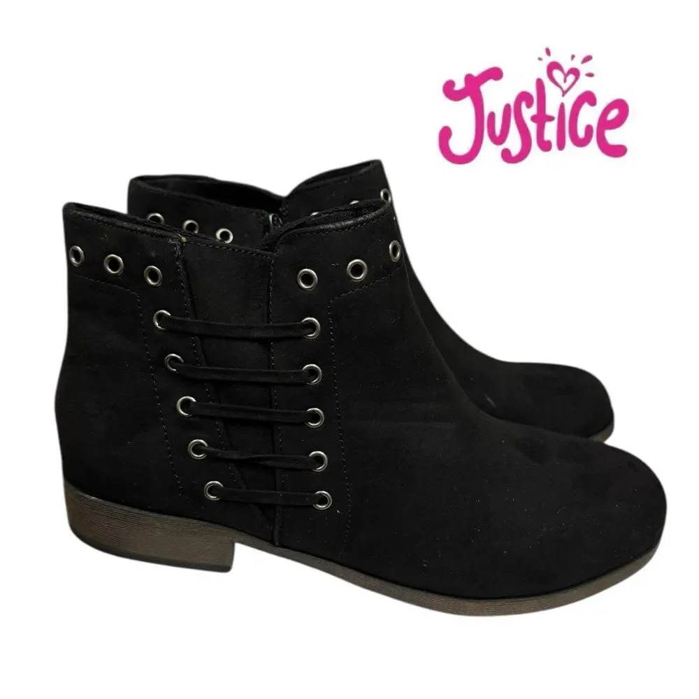 New Justice Girl's Black Suede Side Lace Rivet Zipper Ankle Boots Booties 9